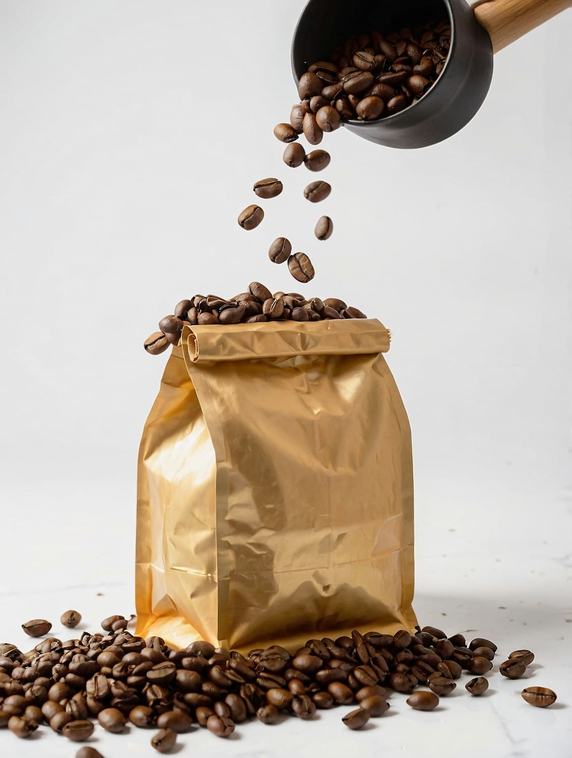 Golden coffee bag with roasted beans spilling from a black scoop
