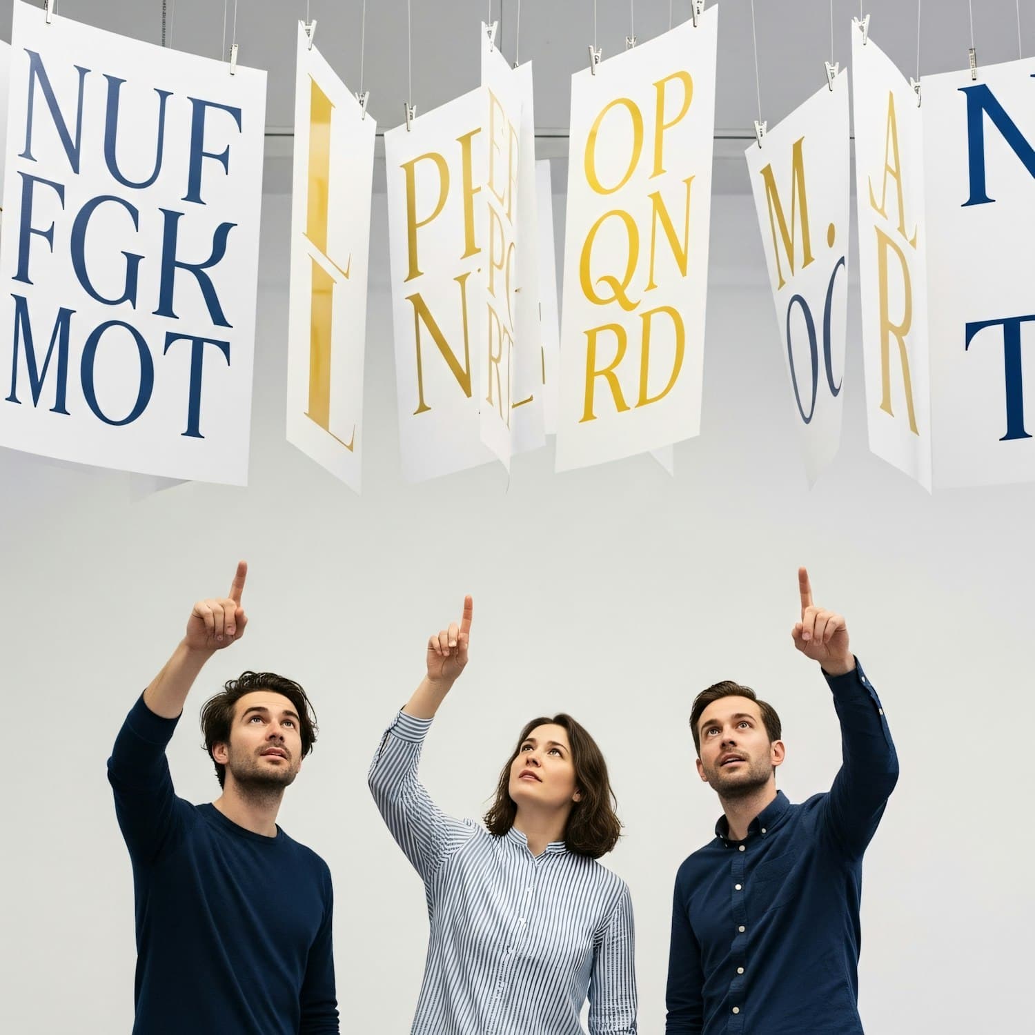 Three people pointing up at hanging typographic festival posters