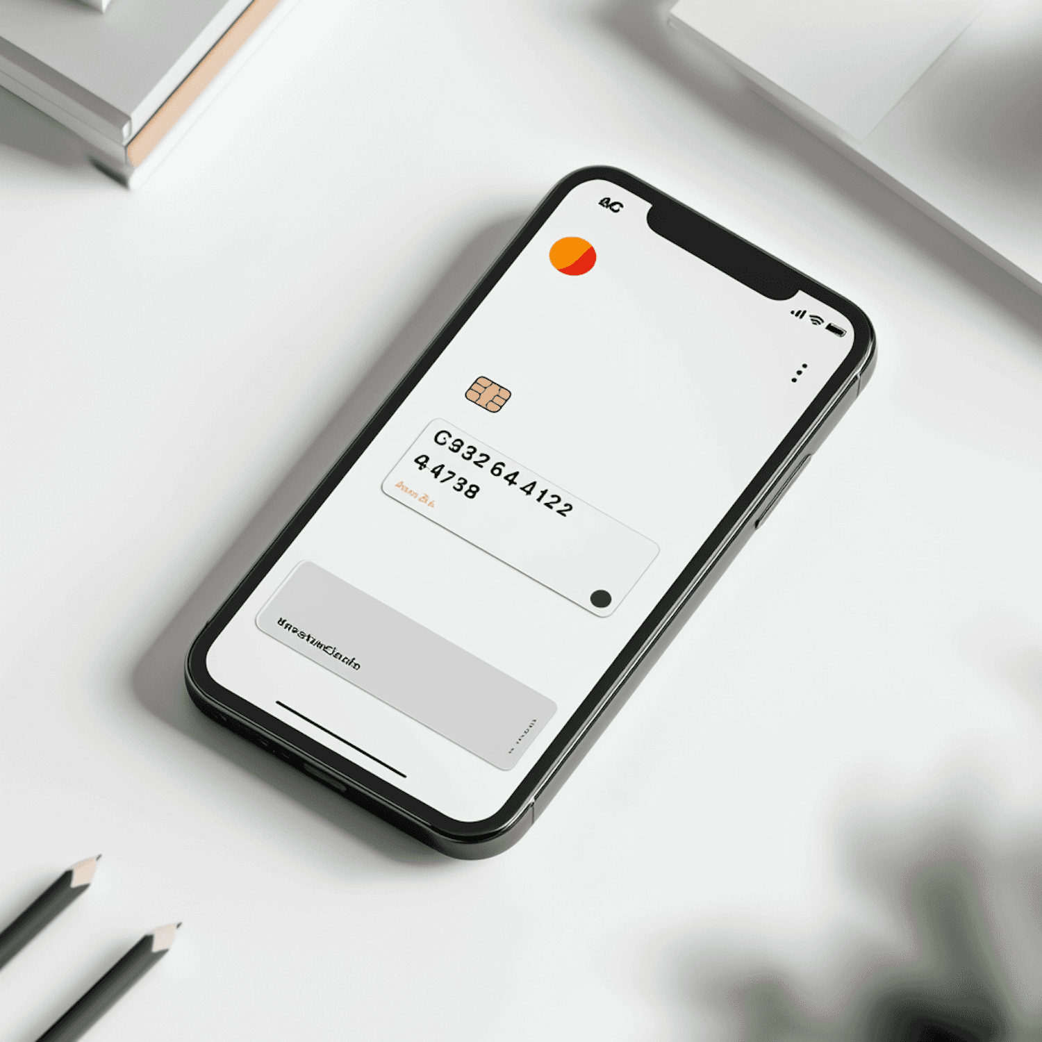 Smartphone showing a banking card screen on a white desk