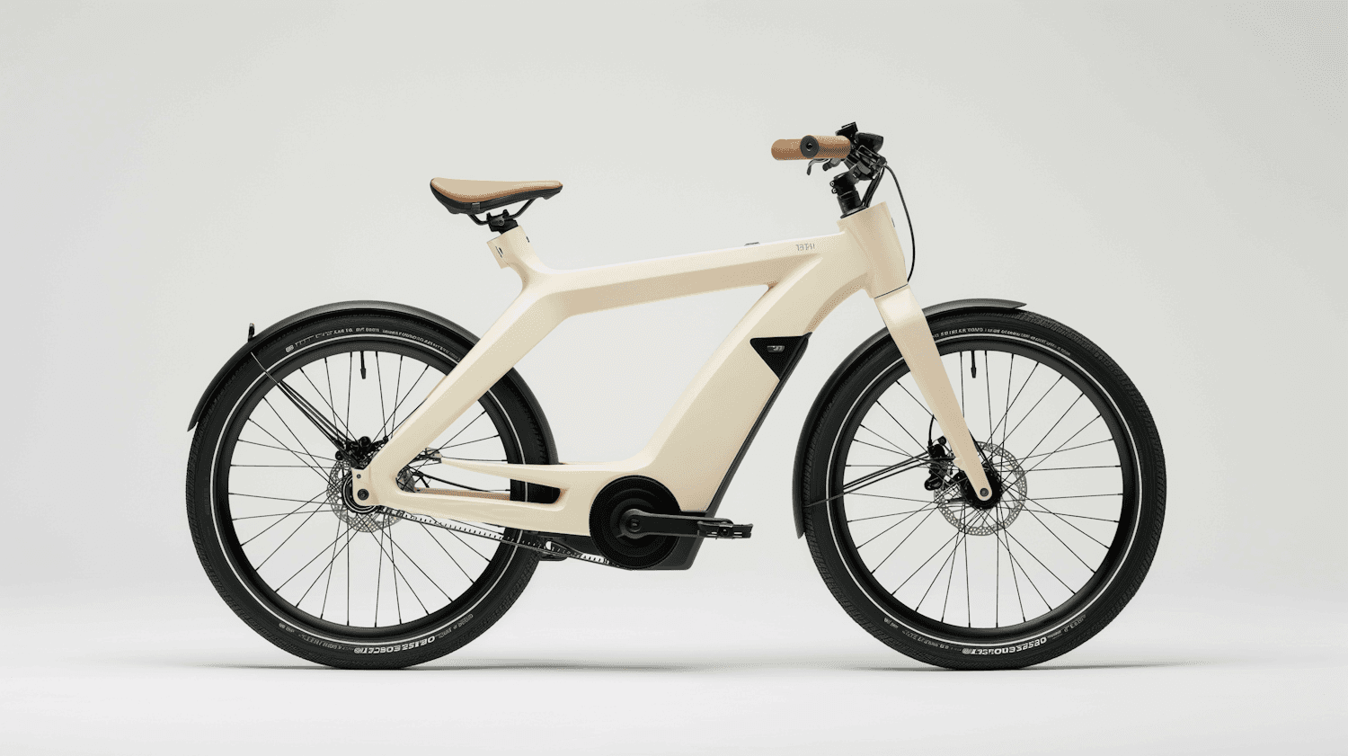 Cream folding electric bike with a tan leather saddle and grips